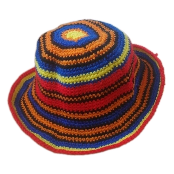 Boho Hippie Crochet Rainbow Striped Bucket Hat Adult One Size Handmade Festival - Picture 3 of 8